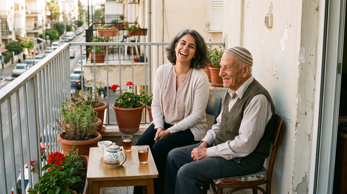 גבר מבוגר החובש כיפה ואישה צוחקת יושבים יחד במרפסת שבה יש שולחן קטן, עציצים ותה.