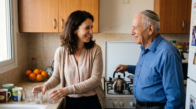 אישה וגבר מבוגר החובש כיפה משוחחים במטבח, בעוד הגבר מחזיק קומקום על הכיריים.